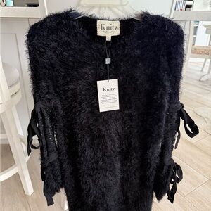 NTW: Knitz Black Fuzzy Sweater with Ribbon Details Size Small Free Shipping